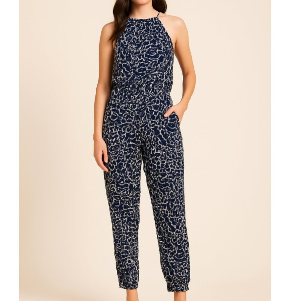 Beach Break Women's Navy & White Abstract Print Sleeveless Jumpsuit, size Large